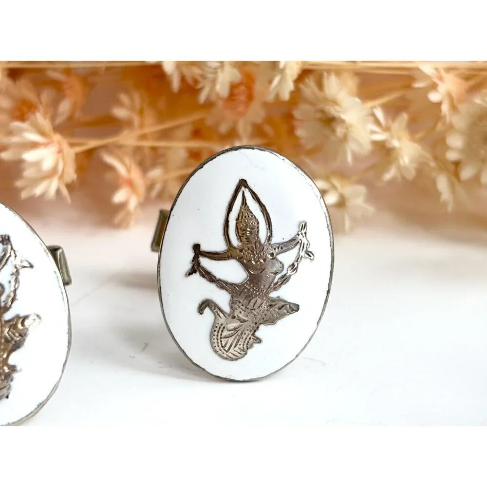 Siam Sterling White Dancing Angel Oval Vintage Men's Sterling Silver Cufflinks